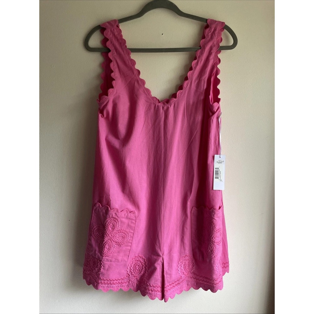 J. Marie Raighly Romper Womens S Pink Scalloped Eyelet Embroidered Summer Preppy